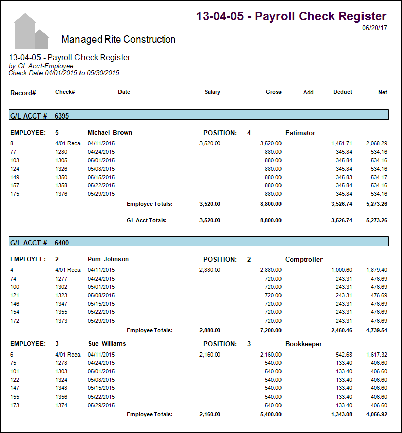 13-04-05 - Payroll Check Register by GL Acct, Employee